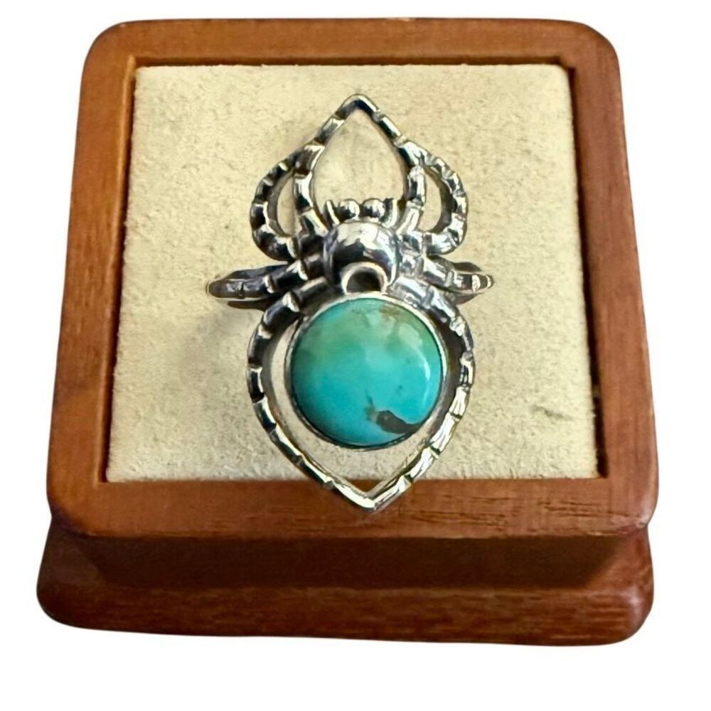 Round Turquoise Spider Boho Ring Sterling Silver Southwestern Sz 10